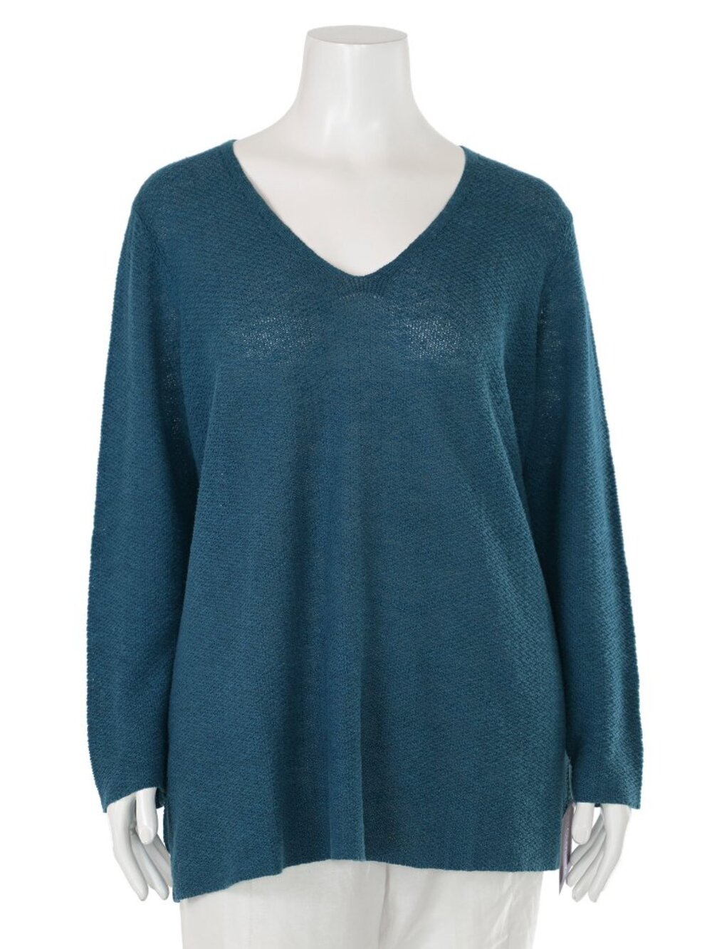 Eileen Fisher Teal Organic Linen/Cotton V-Neck Sweater Women's sz L